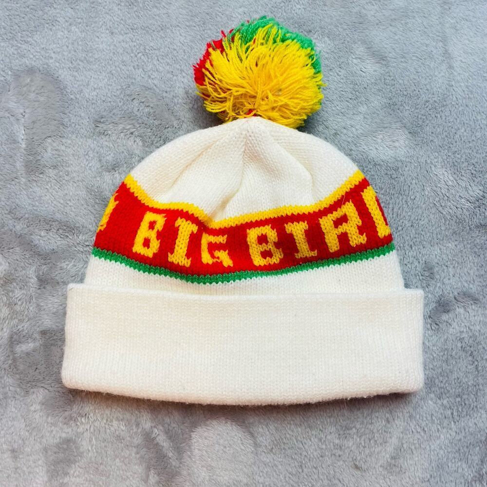 Vintage Sesame Street Youth Toddler Beanie Knit Hat Cap Ivory Pom Big Bird